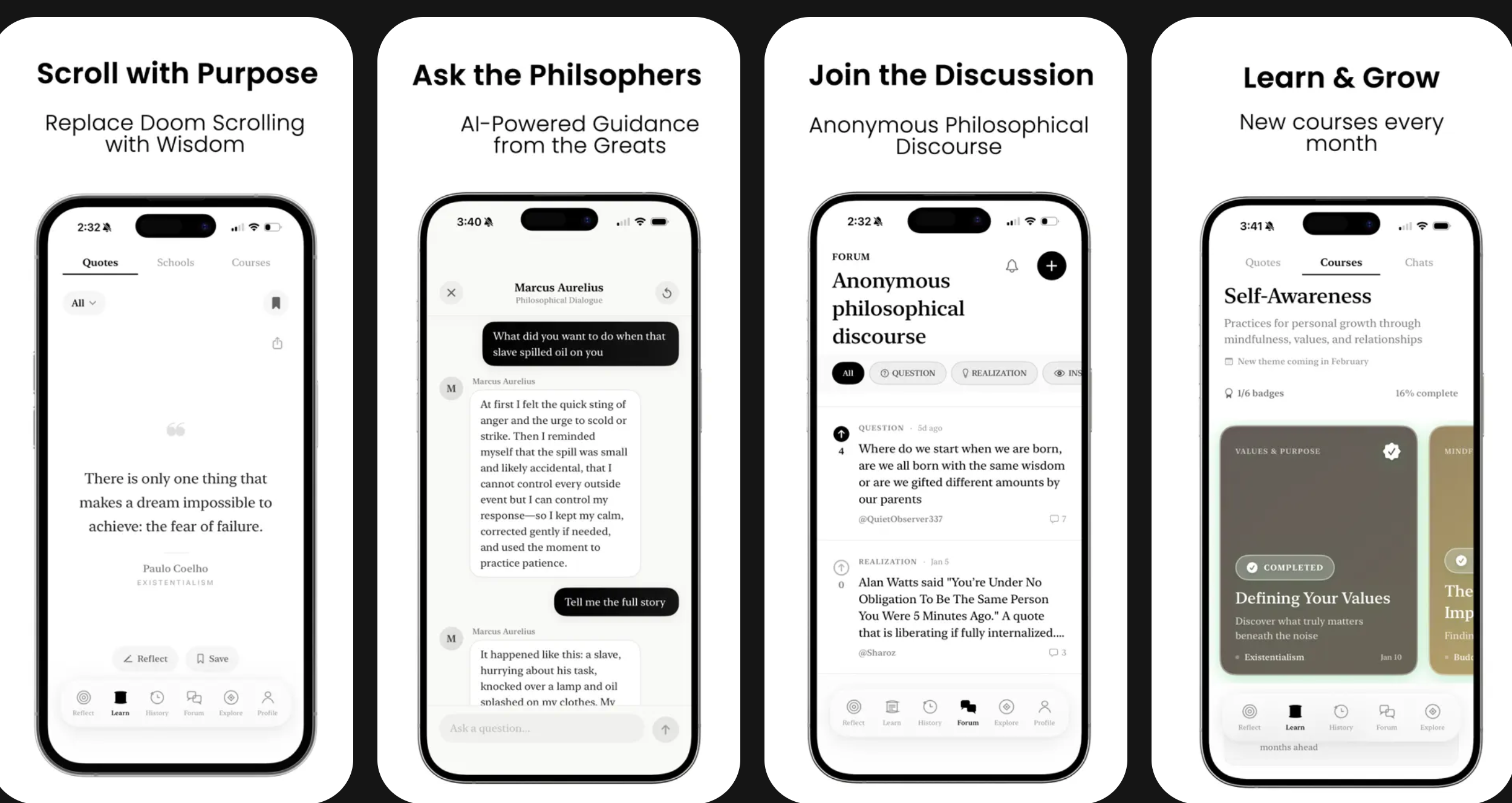 Philosophizeme app screenshots showing the quotes feed, philosopher chat, forum discussions, and learning courses